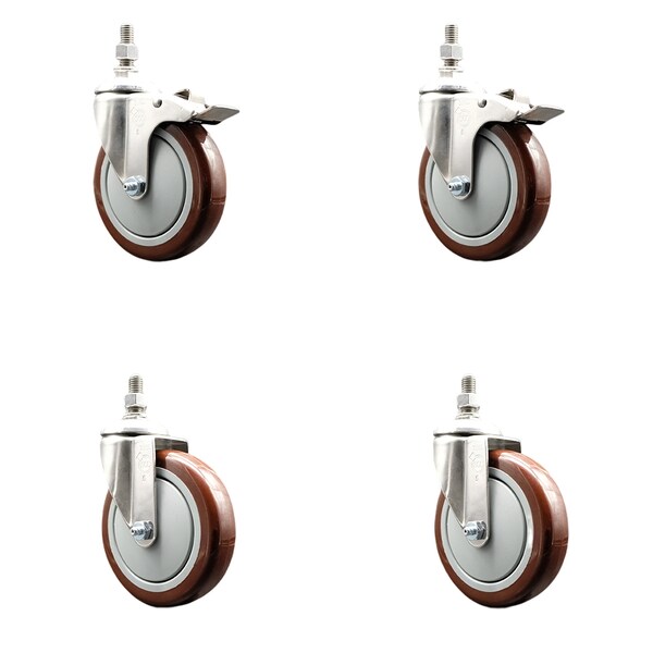 Service Caster 5 Inch 316SS Maroon Polyurethane 1/2 Inch Threaded Stem Caster Lock Brake, 2PK SS316TSTTL20S514-PPUB-MRN-121315-2S2 - main